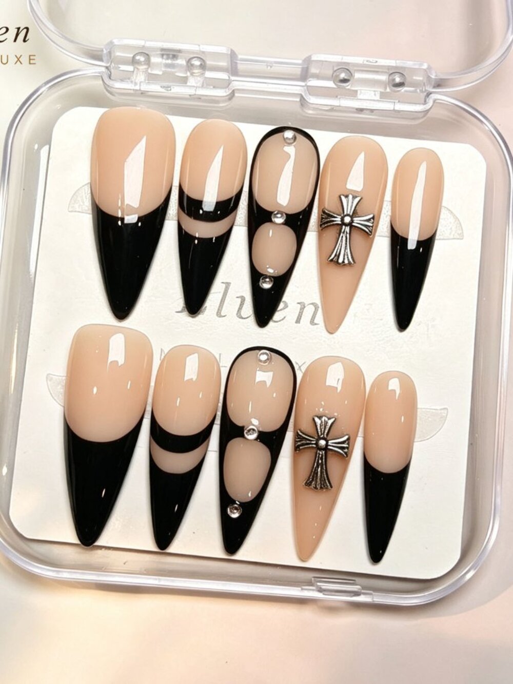 Elegant Black & Nude Stiletto Handmade Press On Nails with Cross Accents
